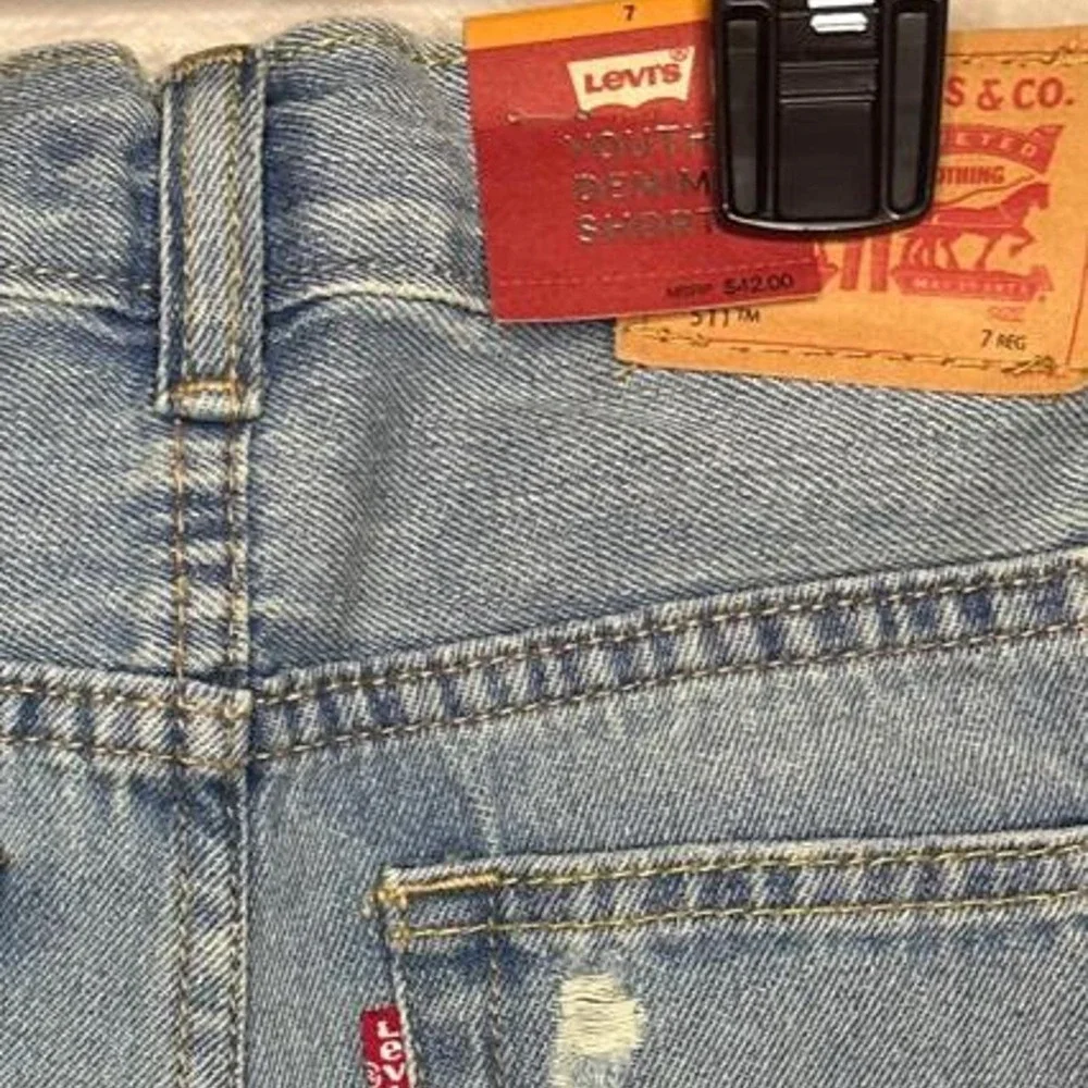 Levis 511 Slim Fit Youth Denim Shorts Light Wash Blue Distressed Size 7 Reg